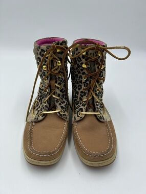 Leopard Print Sperry Tan Leather Lace-Up Boots with Pink Lining 8.5